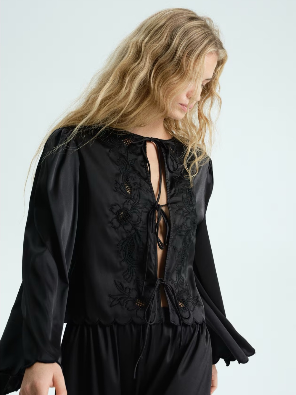 H&M Black Embroidered Tie-Front Blouse
